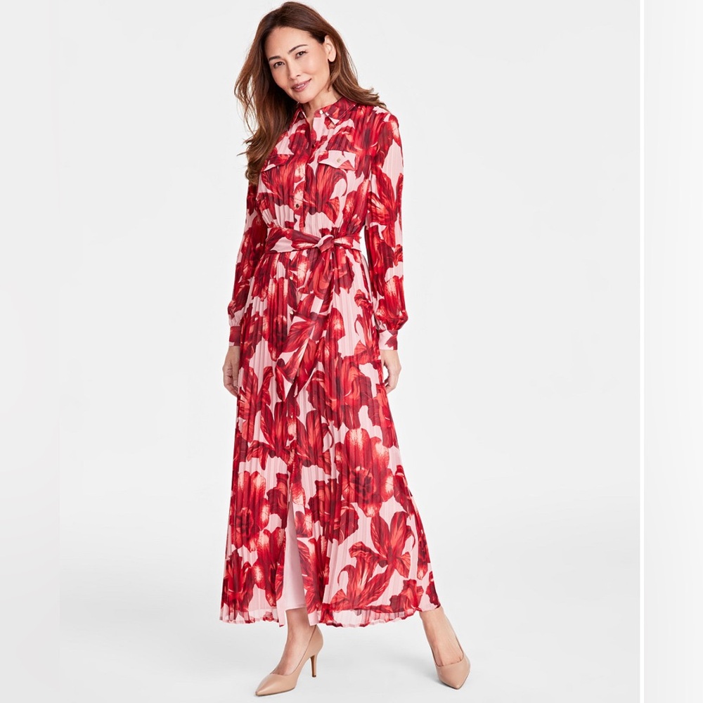 INC International Concepts Red Floral Long Sleeve Pleated Shirt Dress